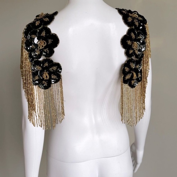 Vintage Black & Gold Ornate Hand Beaded Sequin Bodice Appliqués Patch Piece - Picture 6 of 10